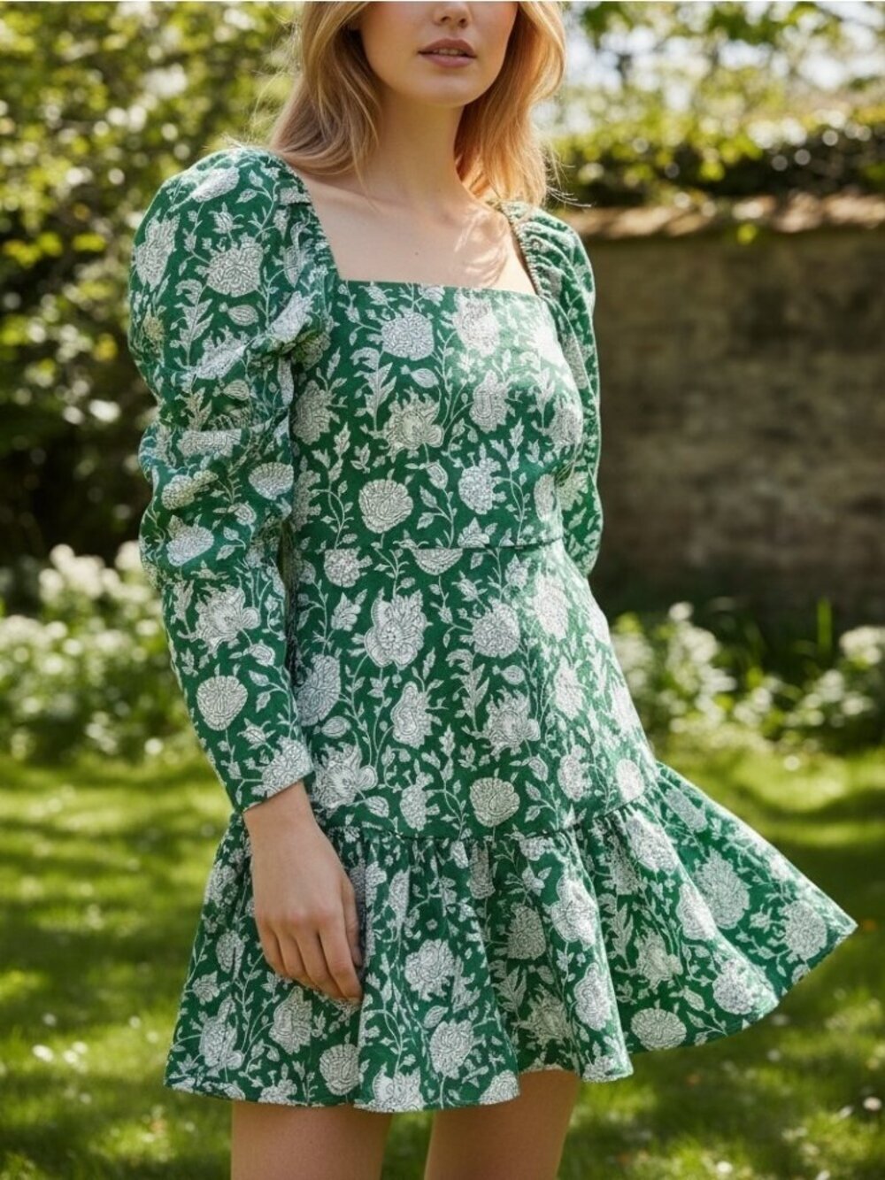 Mille Resort & Travel Green Floral Print Cotton Mini Dress Puff Sleeve Size L